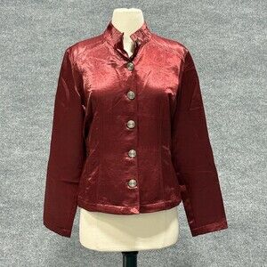 Chicos Jacket Womens Size 1 Red Metallic Button Up Long Sleeve Shiny Blazer Top